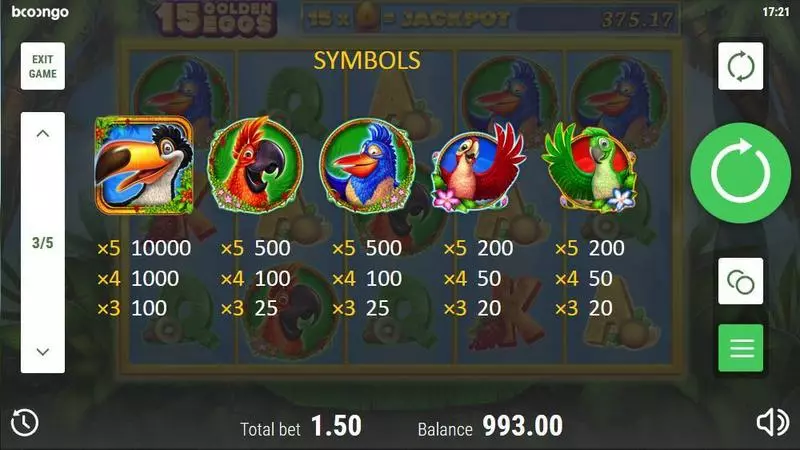 15 Golden Eggs  Real Money Slot made by Booongo - Paytable