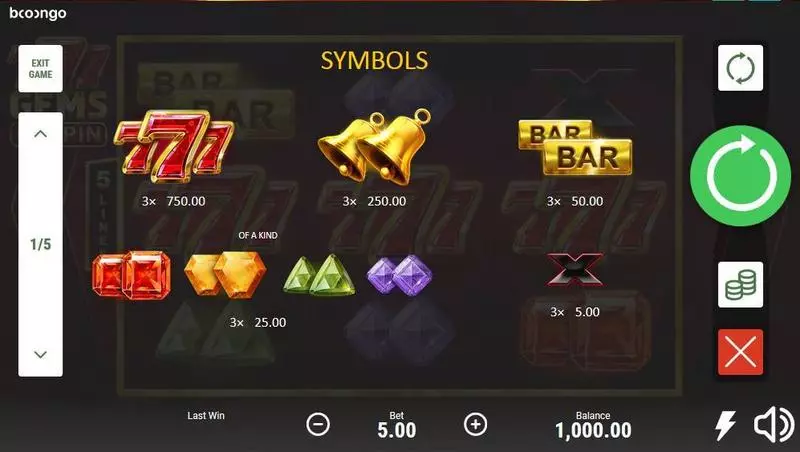 777 Gems: Respin  Real Money Slot made by Booongo - Paytable