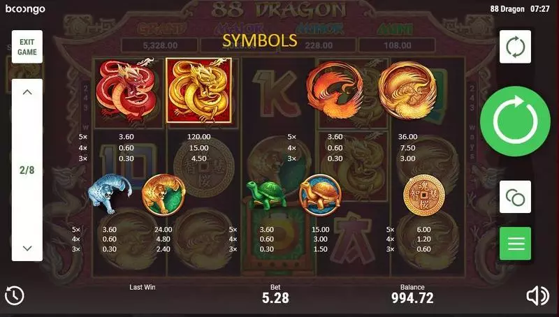 88 Dragon  Real Money Slot made by Booongo - Paytable