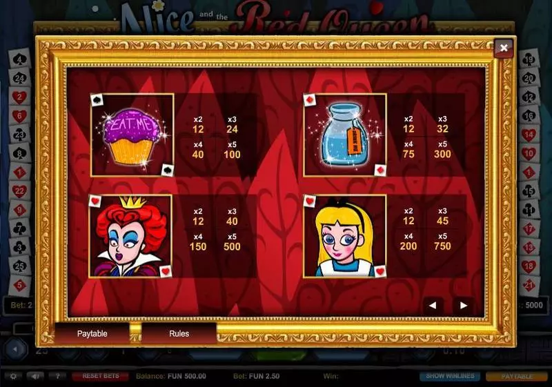 Alice and the Red Queen  Real Money Slot made by 1x2 Gaming - Paytable