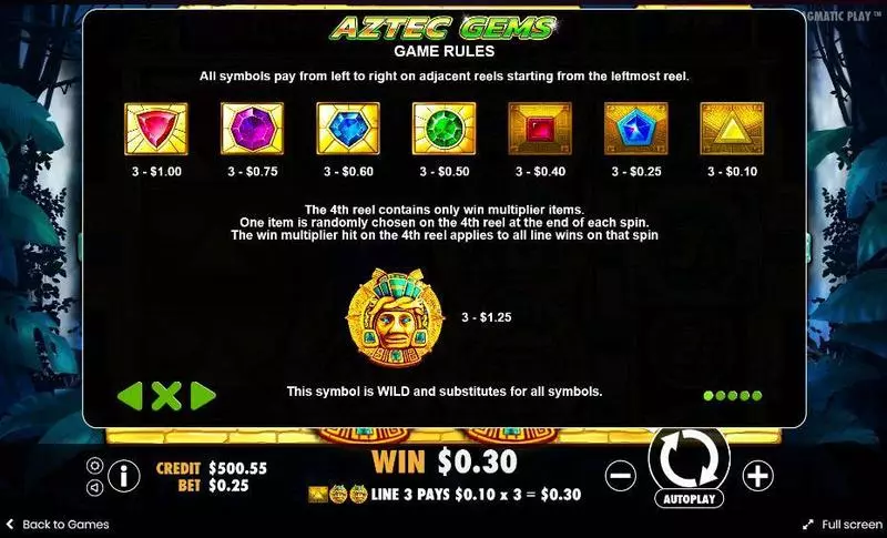 Aztec Gems  Real Money Slot made by Pragmatic Play - Paytable