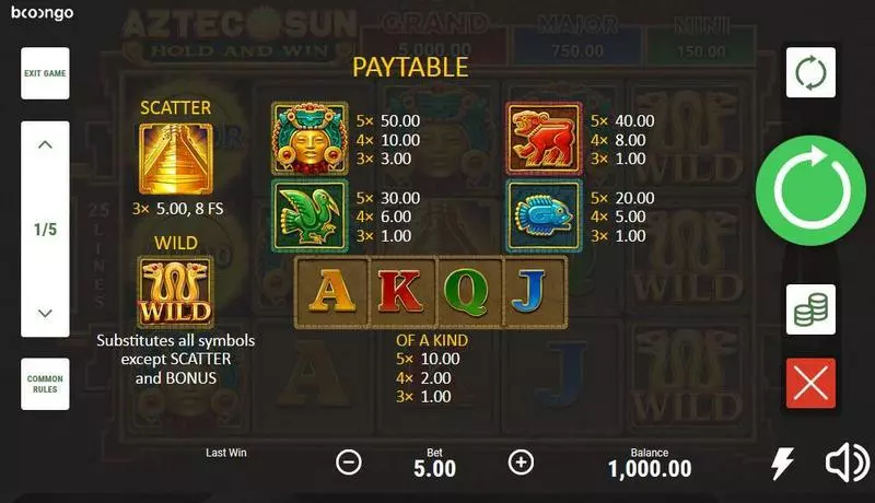 Aztec Sun  Real Money Slot made by Booongo - Paytable