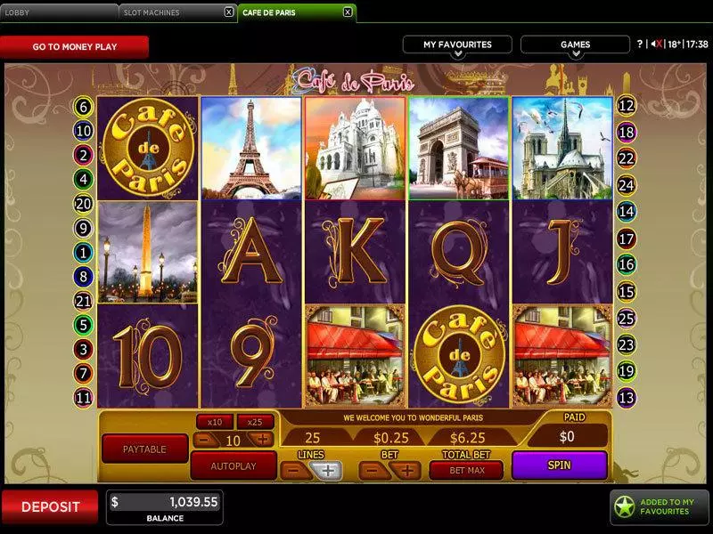 Cafe De Paris  Real Money Slot made by 888 - Main Screen Reels