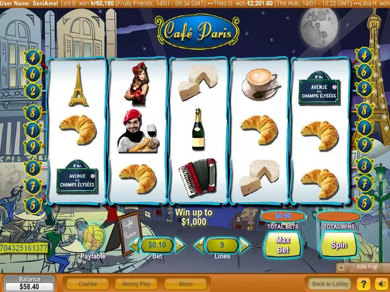 Cafe Paris  Real Money Slot made by NeoGames - Main Screen Reels