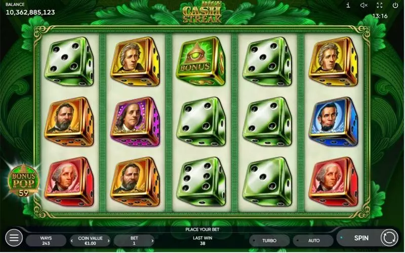 Cash Streak Dice  Real Money Slot made by Endorphina - Main Screen Reels