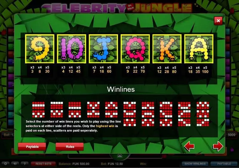 Celebrity in the Jungle  Real Money Slot made by 1x2 Gaming - Paytable
