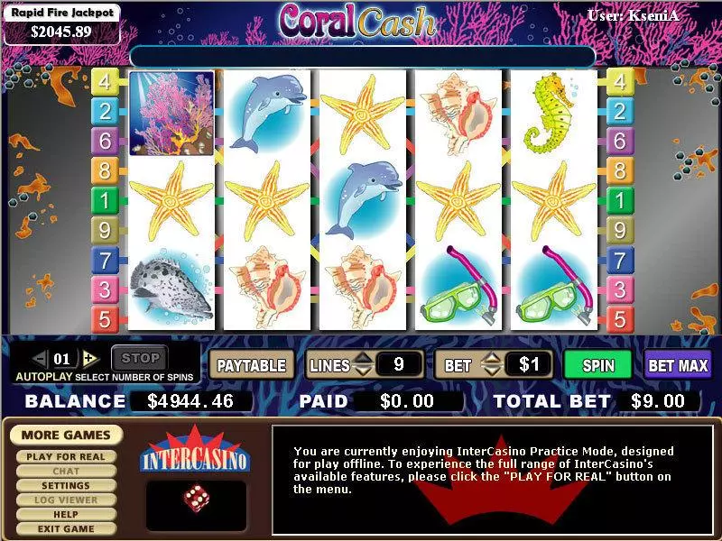 Coral Cash  Real Money Slot made by CryptoLogic - Main Screen Reels