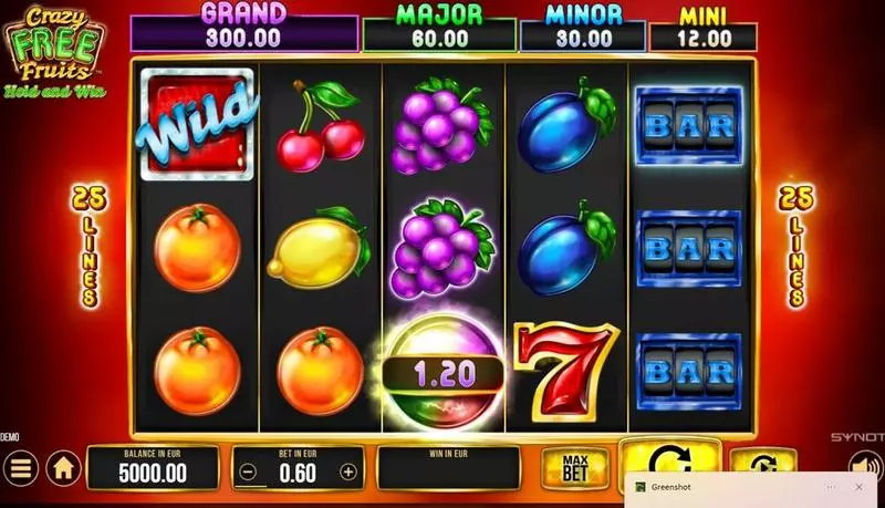 Crazy Free Fruits  Real Money Slot made by Synot Games - Main Screen Reels
