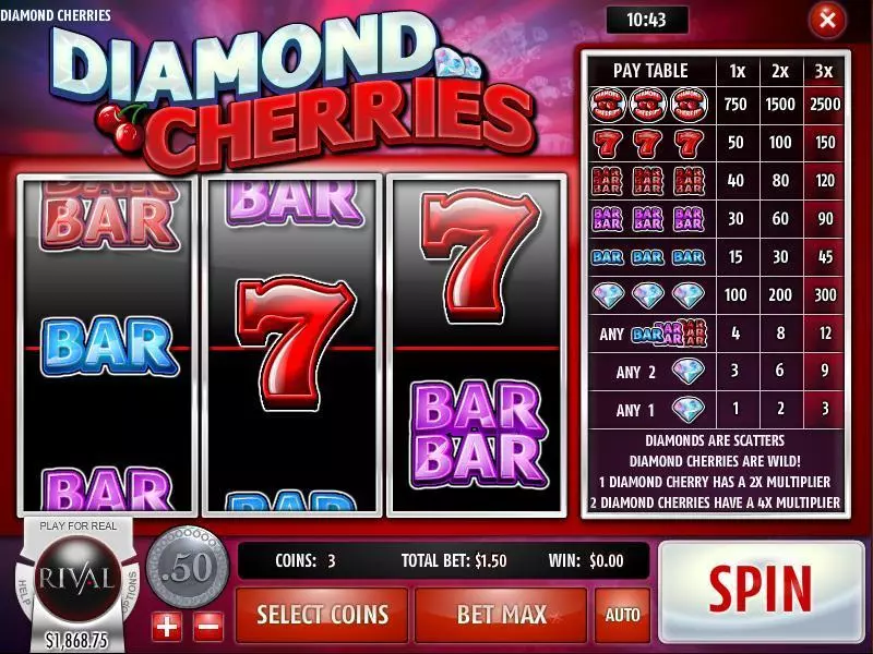 Diamond Cherries  Real Money Slot made by Rival - Main Screen Reels