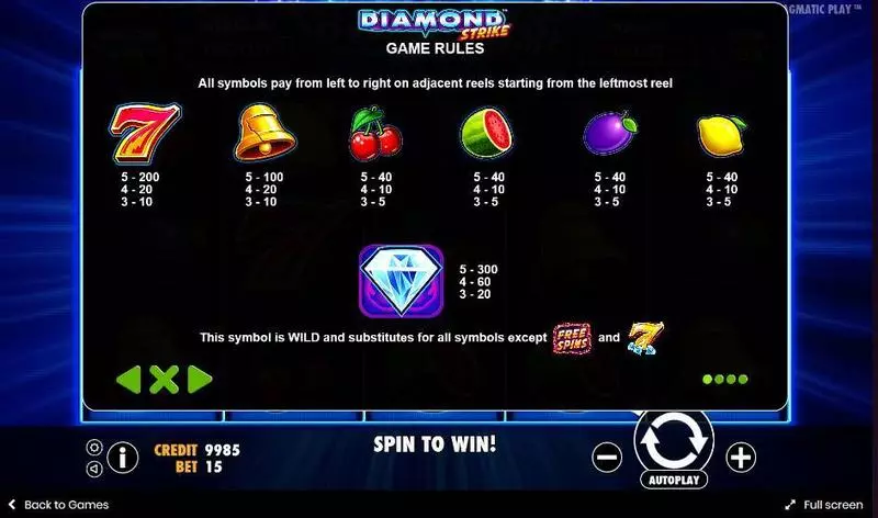 Diamond Strike  Real Money Slot made by Pragmatic Play - Paytable