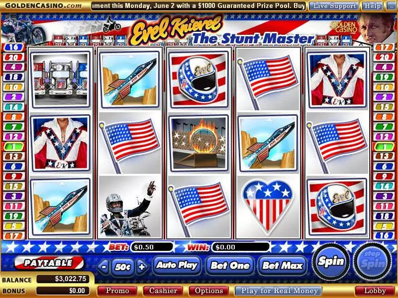 Evel Knievel - The Stunt Master  Real Money Slot made by Vegas Technology - Main Screen Reels