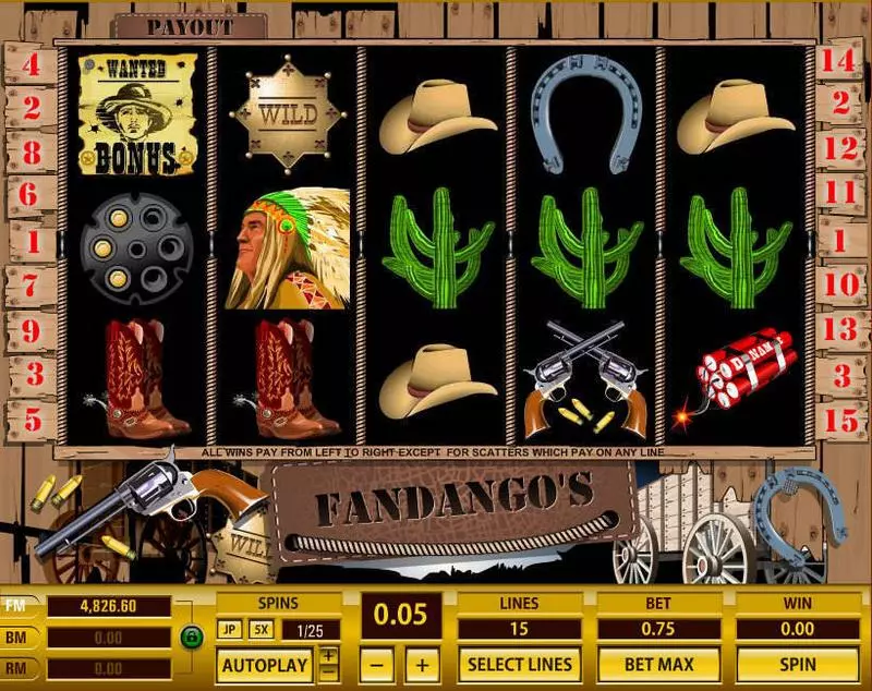 Fandango's 15 Lines  Real Money Slot made by Topgame - Main Screen Reels