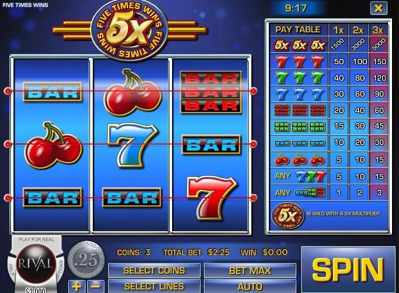 Five Times Wins  Real Money Slot made by Rival - Main Screen Reels