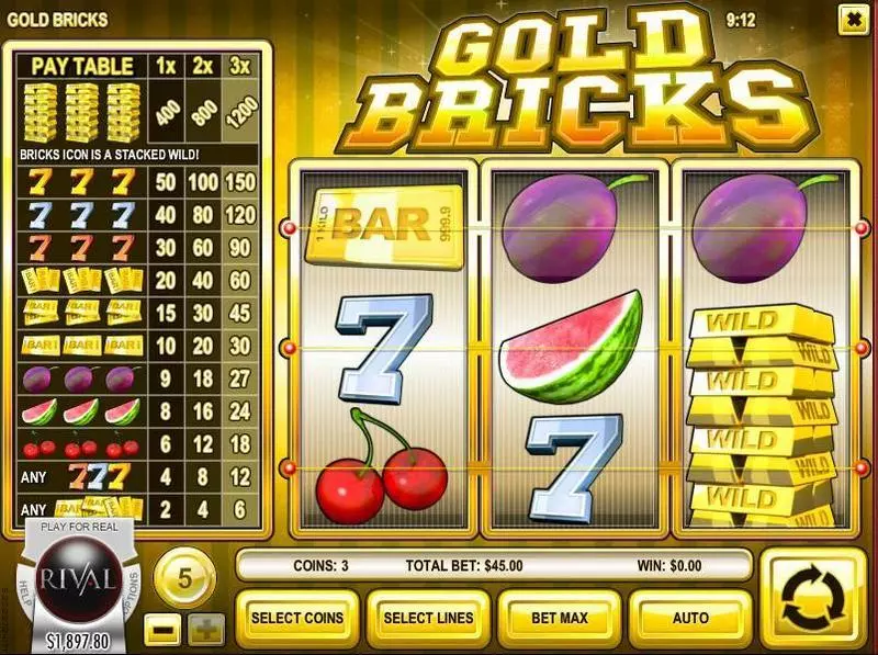 Gold Bricks  Real Money Slot made by Rival - Main Screen Reels