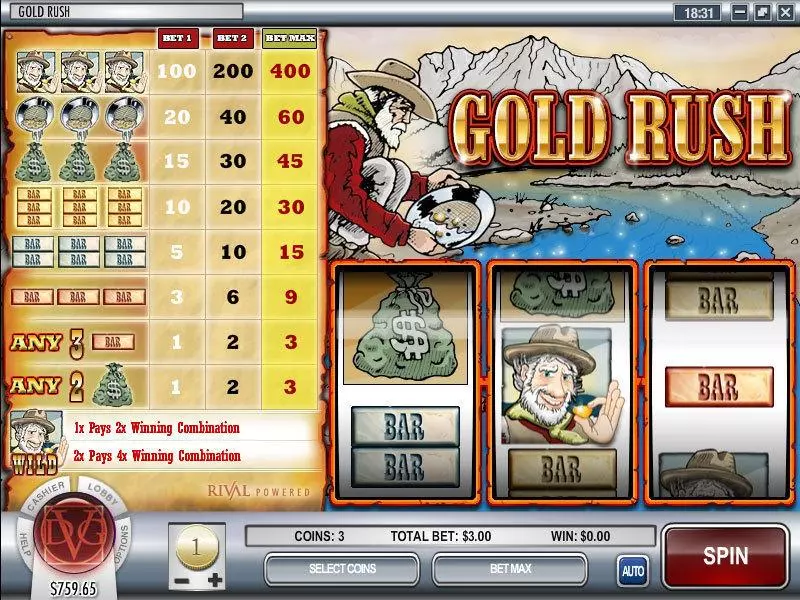 Gold Rush  Real Money Slot made by Rival - Main Screen Reels