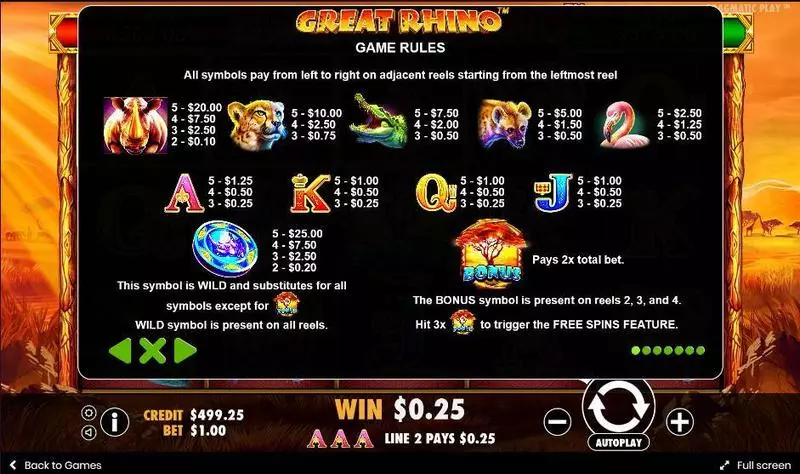 Great Rhino  Real Money Slot made by Pragmatic Play - Paytable