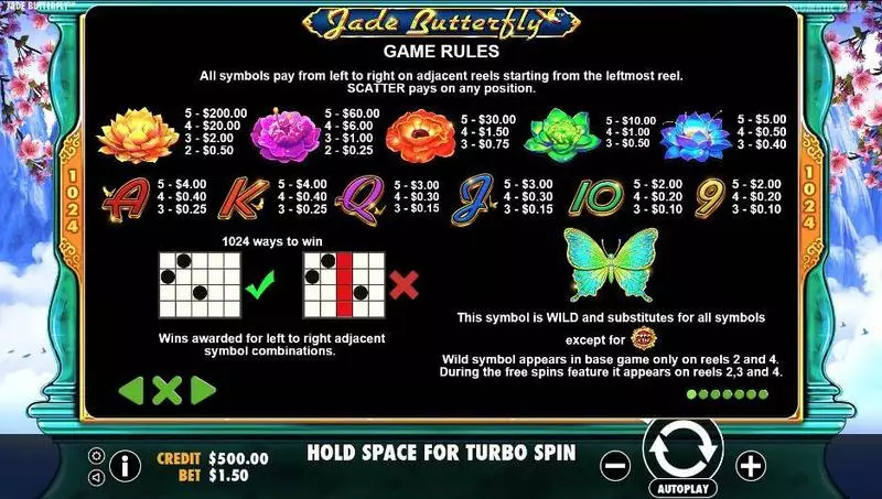 Jade Butterfly  Real Money Slot made by Pragmatic Play - Paytable