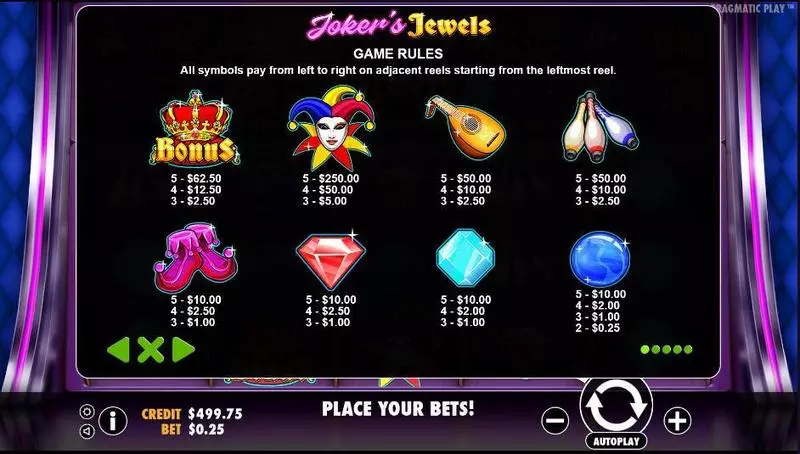 Joker's Jewels  Real Money Slot made by Pragmatic Play - Paytable