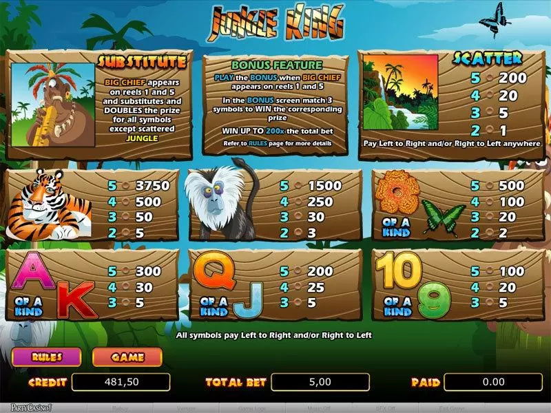 Jungle King  Real Money Slot made by bwin.party - Info and Rules
