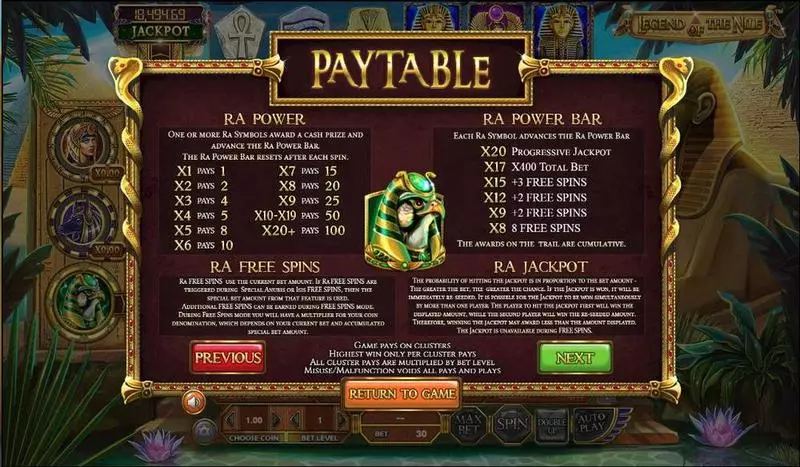 Legend of the Nile  Real Money Slot made by BetSoft - Paytable