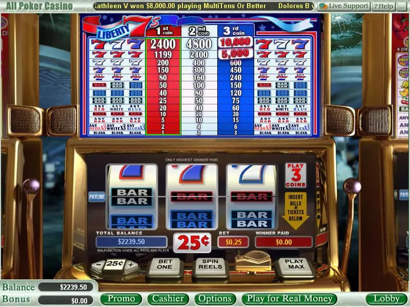 Liberty 7's  Real Money Slot made by WGS Technology - Main Screen Reels