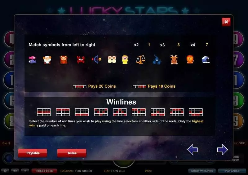 Lucky Stars  Real Money Slot made by 1x2 Gaming - Paytable