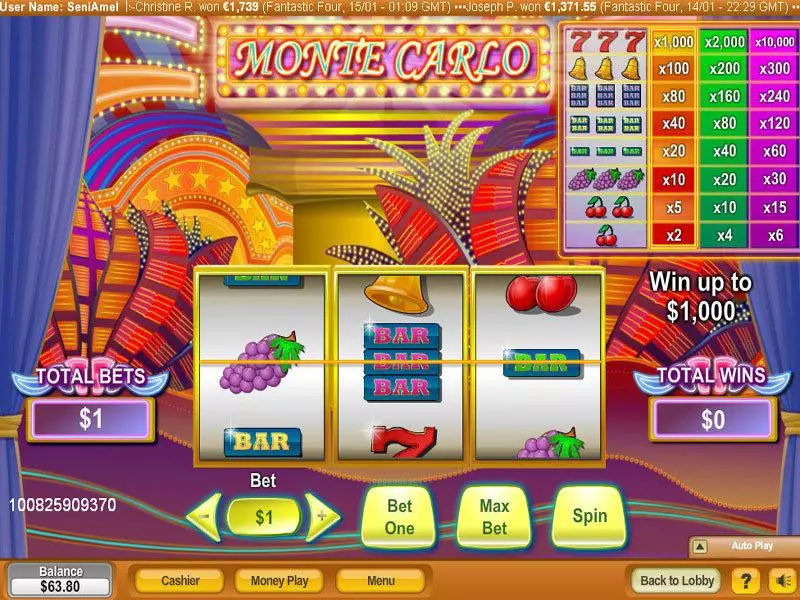 Monte Carlo  Real Money Slot made by NeoGames - Main Screen Reels