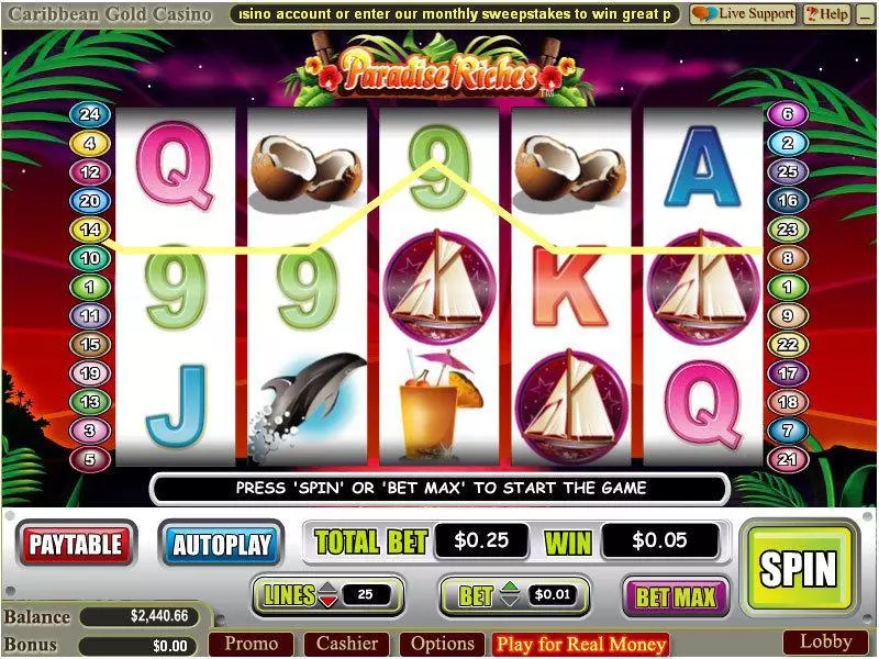 Paradise Riches  Real Money Slot made by WGS Technology - Main Screen Reels