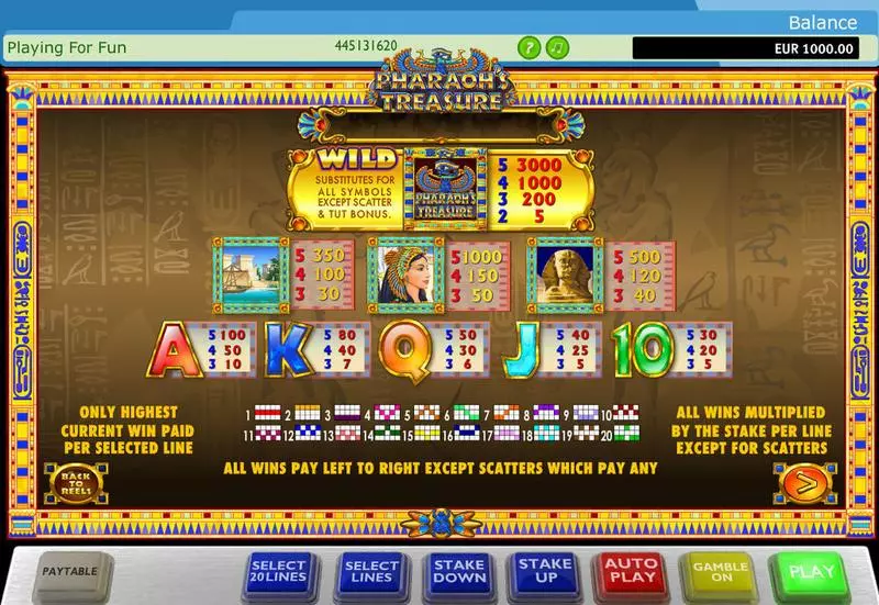 Pharaohs Treasure  Real Money Slot made by PlayTech - Info and Rules
