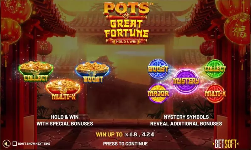 Pots of Great Fortune - Hold & Win  Real Money Slot made by BetSoft - Introduction Screen