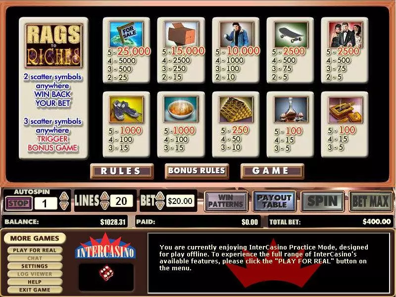 Rags to Riches 20 Lines  Real Money Slot made by CryptoLogic - Info and Rules
