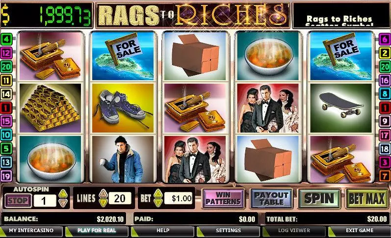 Rags to Riches 20 Lines  Real Money Slot made by CryptoLogic - Main Screen Reels
