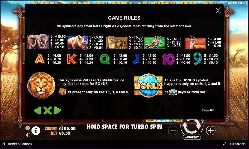 Safari King  Real Money Slot made by Pragmatic Play - Paytable