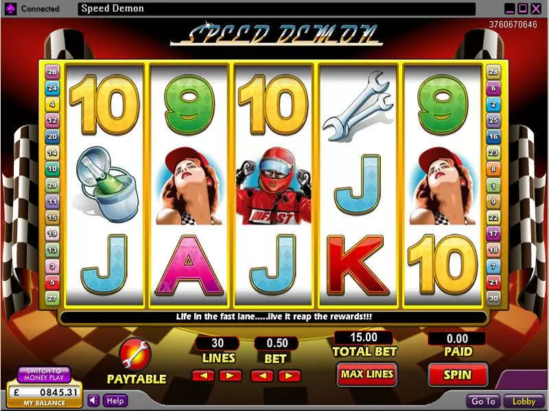 Speed Demon  Real Money Slot made by 888 - Main Screen Reels