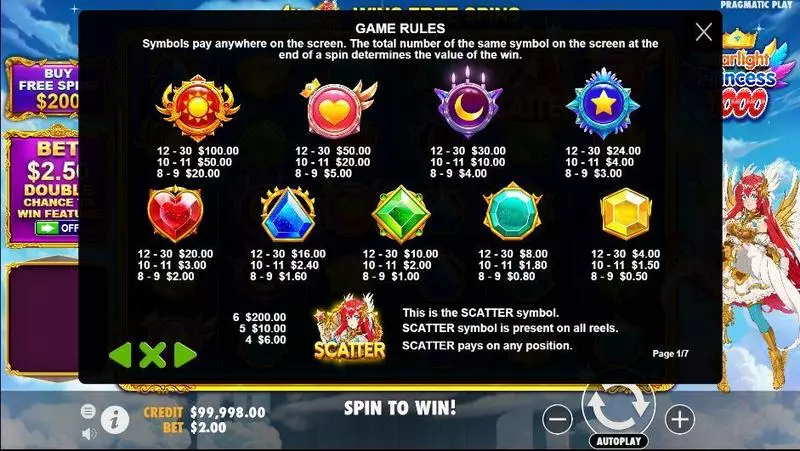 Starlight Princess 1000  Real Money Slot made by Pragmatic Play - Paytable