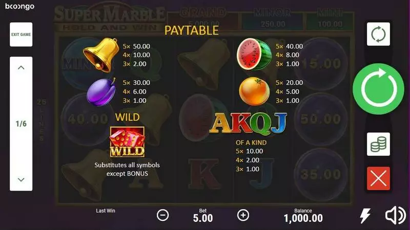 Super Marble  Real Money Slot made by Booongo - Paytable