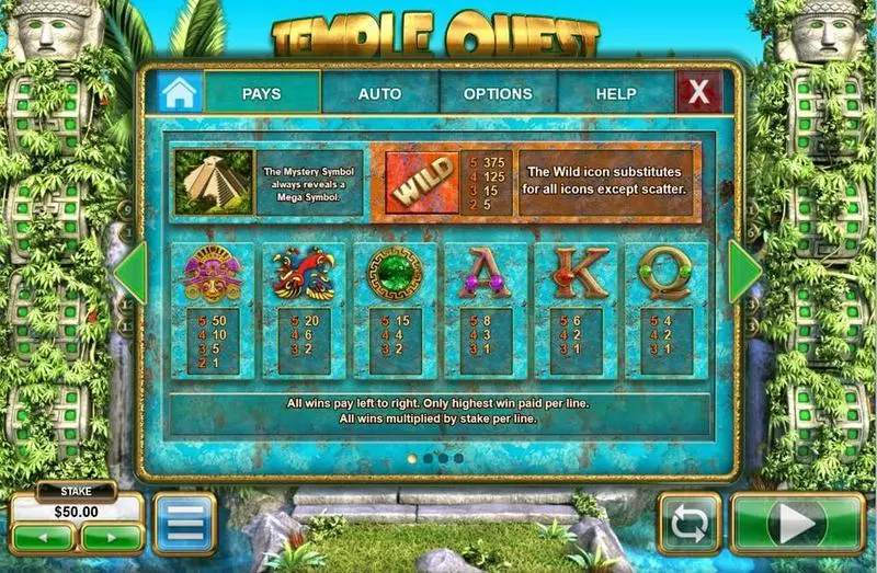 Temple Quest Spinfinity  Real Money Slot made by Big Time Gaming - Paytable