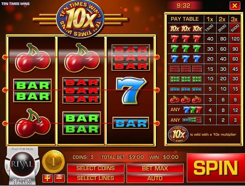 Ten Times Wins  Real Money Slot made by Rival - Main Screen Reels