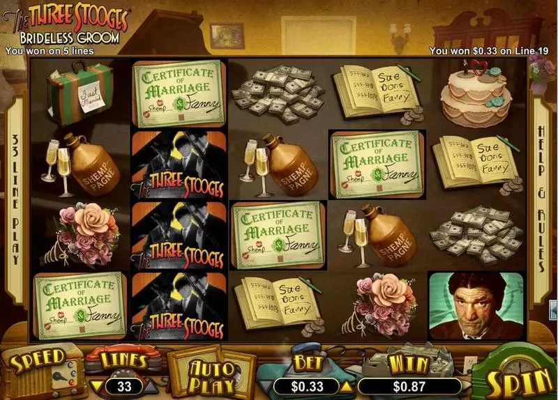 The Three Stooges Brideless Groom  Real Money Slot made by RTG - Main Screen Reels