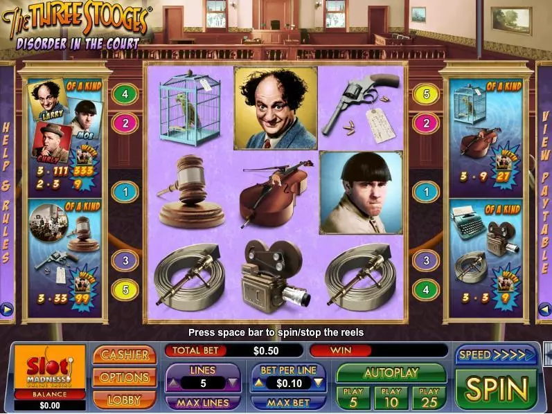 The Three Stooges Disorder in the Court  Real Money Slot made by NuWorks - Main Screen Reels