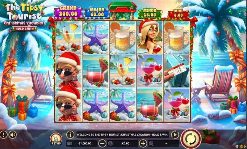 The Tipsy Tourist - Christmas Vacation  Real Money Slot made by BetSoft - Main Screen Reels
