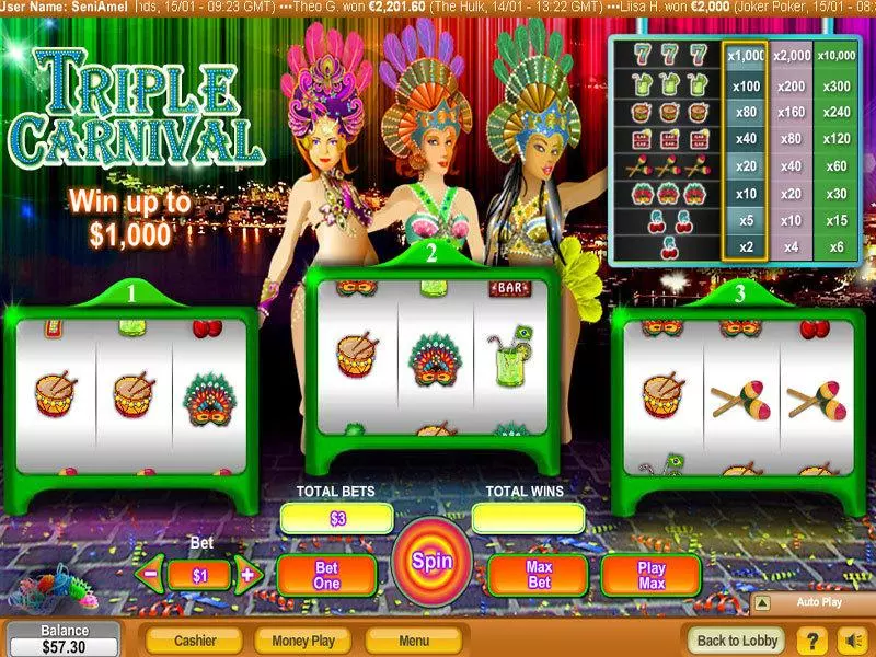 Triple Carnival  Real Money Slot made by NeoGames - Main Screen Reels