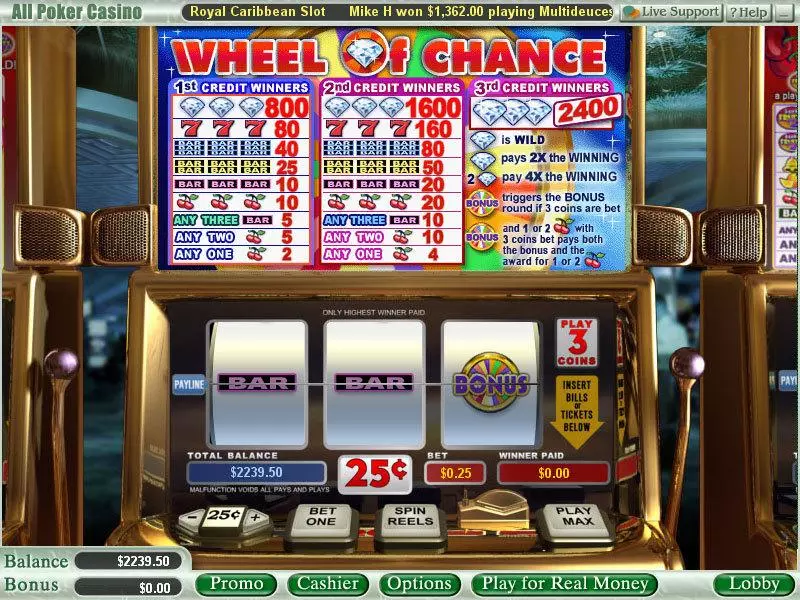 Wheel of Chance 3-Reels  Real Money Slot made by WGS Technology - Main Screen Reels