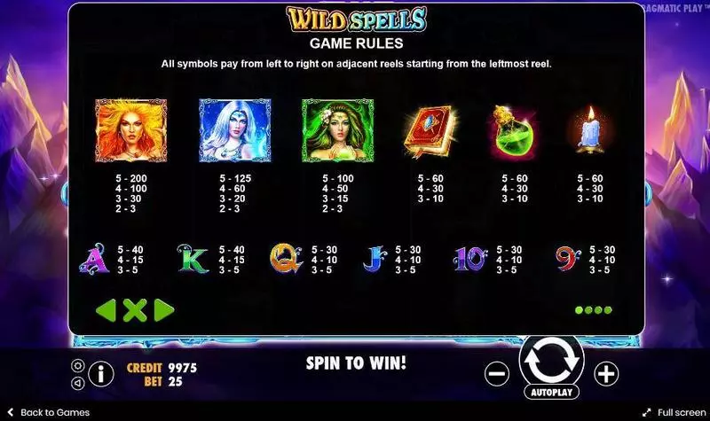 Wild Spells  Real Money Slot made by Pragmatic Play - Paytable